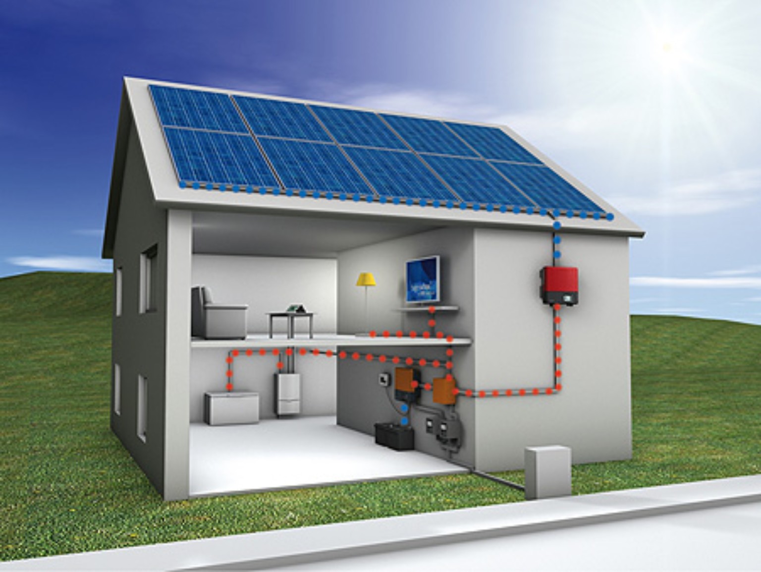 Schema casa con impianto fotovoltaico e gestione dei consumi